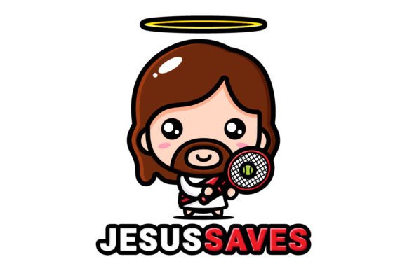 Cute Jesus Holding a Tennis Racket Illustrations