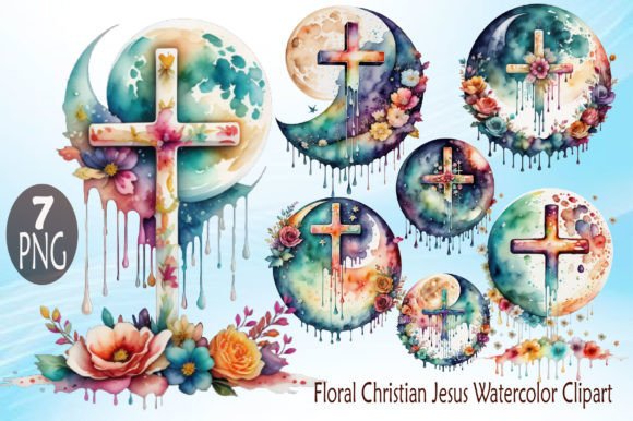 Floral Christian Jesus Cross Watercolor Illustrations